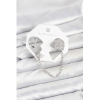 Kutup Yıldızı Model Pirinç Gümüş Renk Zincir Bağlantılı Ear Cuff Küpe Seti TJ-BKP11551