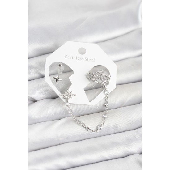 Kutup Yıldızı Model Pirinç Gümüş Renk Zincir Bağlantılı Ear Cuff Küpe Seti - TJ-BKP11551