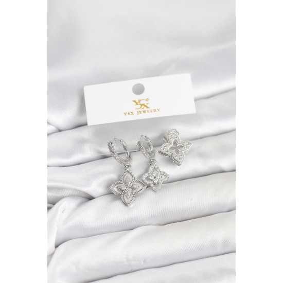 Pirinç Gümüş Renk Yonca Model YSX Trio Küpe Seti - TJ-BKP11553