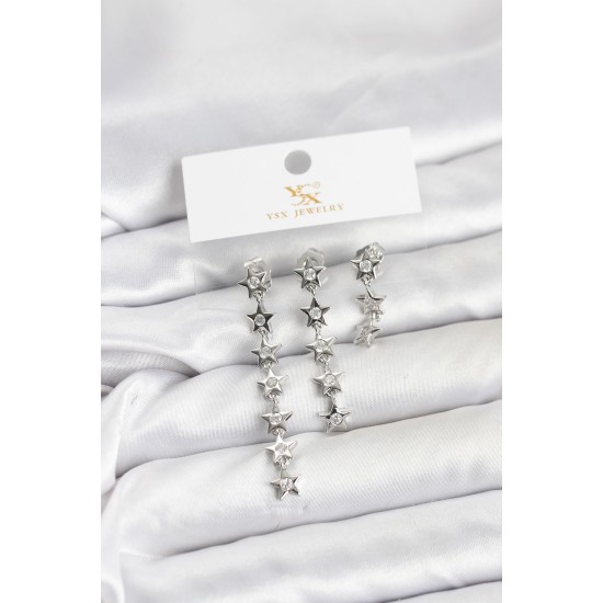 Pirinç Gümüş Renk Yıldız Model YSX Trio Küpe Seti - TJ-BKP11555