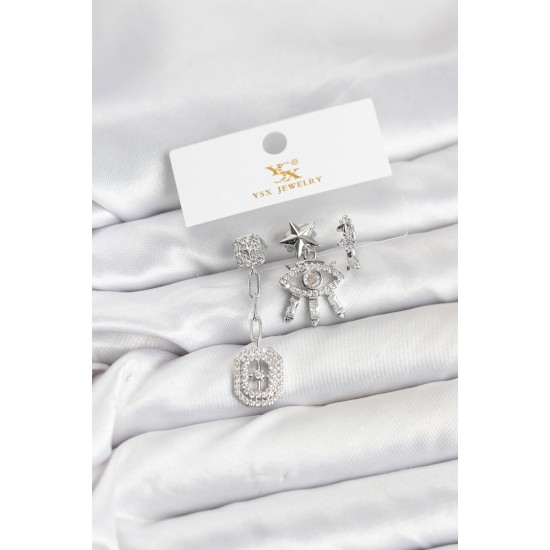 Pirinç Gümüş Renk Göz ve Kutup Yıldızı Model YSX Trio Küpe Seti - TJ-BKP11557