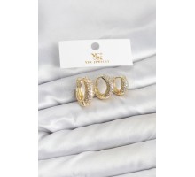 Pirinç Gold Renk Zirkon Taşlı Halka Model YSX Trio Küpe Seti - TJ-BKP11558