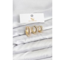 Pirinç Gold Renk Zirkon Taşlı Halka Model YSX Trio Küpe Seti - TJ-BKP11558