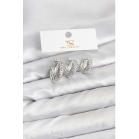 Pirinç Gümüş Renk Zirkon Taşlı Halka Model YSX Trio Küpe Seti TJ-BKP11559