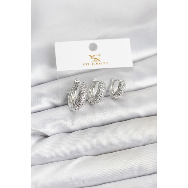 Pirinç Gümüş Renk Zirkon Taşlı Halka Model YSX Trio Küpe Seti - TJ-BKP11559