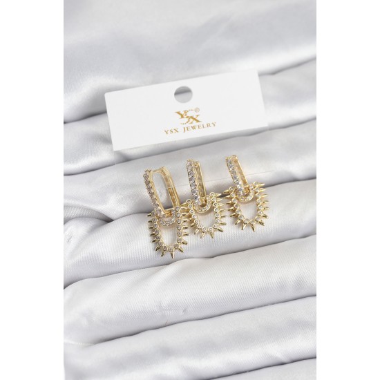 Pirinç Gold Renk Zirkon Taşlı Vintage Model YSX Trio Küpe Seti - TJ-BKP11560