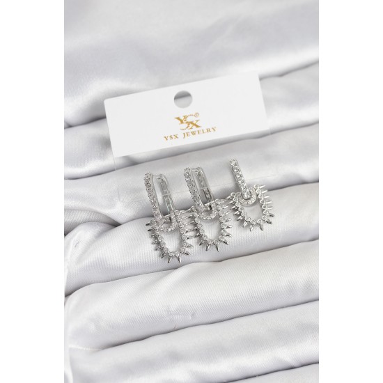 Pirinç Gümüş Renk Zirkon Taşlı Vintage Model YSX Trio Küpe Seti - TJ-BKP11561