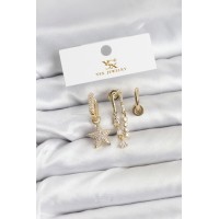 Pirinç Gold Renk Zirkon Taşlı Yıldız Vintage Model YSX Trio Küpe Seti TJ-BKP11562