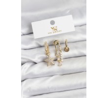 Pirinç Gold Renk Zirkon Taşlı Yıldız Vintage Model YSX Trio Küpe Seti - TJ-BKP11562