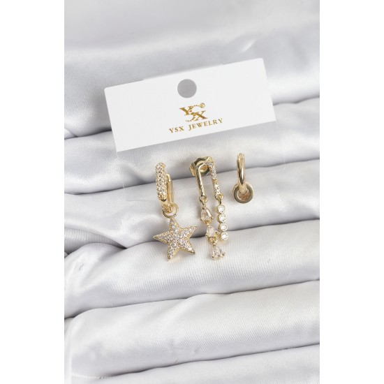 Pirinç Gold Renk Zirkon Taşlı Yıldız Vintage Model YSX Trio Küpe Seti - TJ-BKP11562