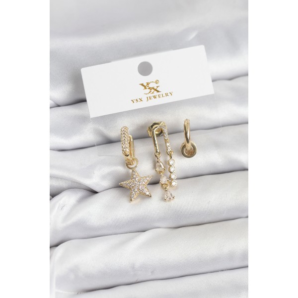 Pirinç Gold Renk Zirkon Taşlı Yıldız Vintage Model YSX Trio Küpe Seti - TJ-BKP11562