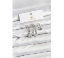 Pirinç Gümüş Renk Zirkon Taşlı Yıldız Vintage Model YSX Trio Küpe Seti - TJ-BKP11563