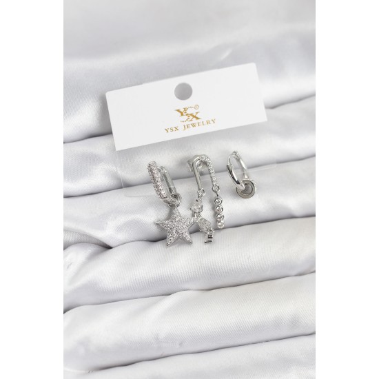 Pirinç Gümüş Renk Zirkon Taşlı Yıldız Vintage Model YSX Trio Küpe Seti - TJ-BKP11563