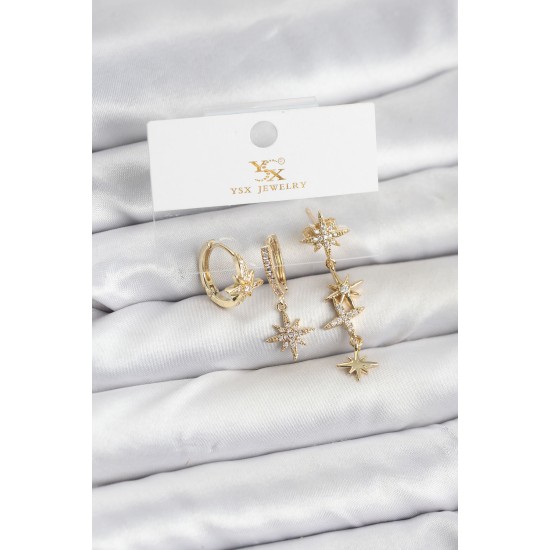 Pirinç Gold Renk Zirkon Taşlı Kutup Yıldızı Model YSX Trio Küpe Seti - TJ-BKP11564