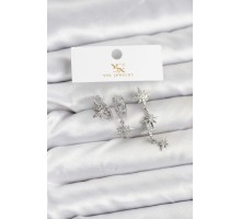Pirinç Gümüş Renk Zirkon Taşlı Kutup Yıldızı Model YSX Trio Küpe Seti - TJ-BKP11565