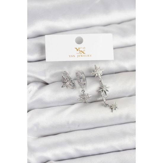 Pirinç Gümüş Renk Zirkon Taşlı Kutup Yıldızı Model YSX Trio Küpe Seti - TJ-BKP11565