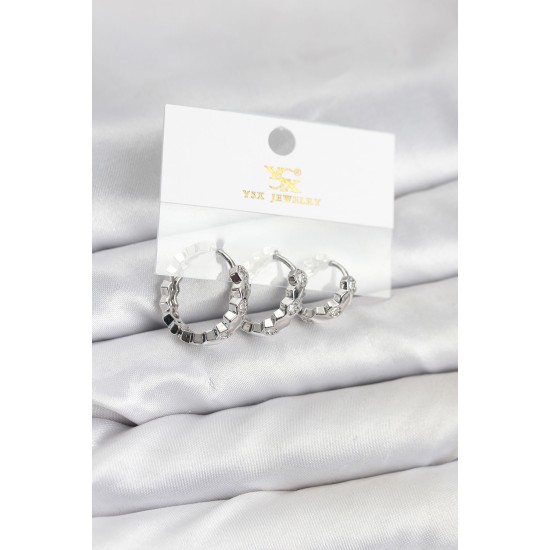 Pirinç Gümüş Renk Zirkon Taşlı Petek Halka Model YSX Trio Küpe Seti - TJ-BKP11567