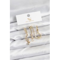 Pirinç Gold Renk Zirkon Taşlı Uzay Model YSX Trio Küpe Seti TJ-BKP11568