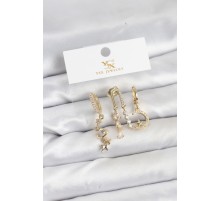 Pirinç Gold Renk Zirkon Taşlı Uzay Model YSX Trio Küpe Seti - TJ-BKP11568