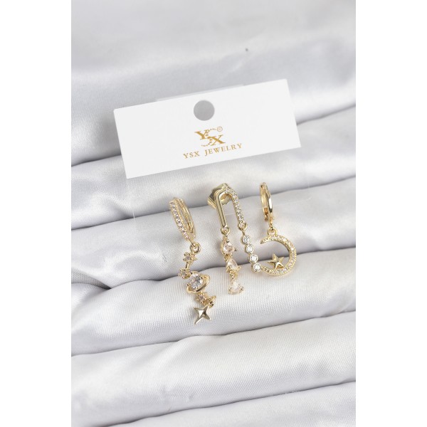 Pirinç Gold Renk Zirkon Taşlı Uzay Model YSX Trio Küpe Seti - TJ-BKP11568