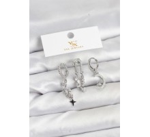Pirinç Gümüş Renk Zirkon Taşlı Uzay Model YSX Trio Küpe Seti - TJ-BKP11569