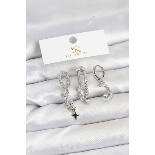 Pirinç Gümüş Renk Zirkon Taşlı Uzay Model YSX Trio Küpe Seti - TJ-BKP11569
