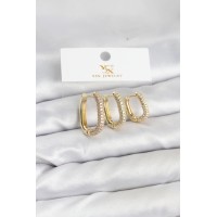 Pirinç Gold Renk Zirkon Taşlı Halka Model YSX Trio Küpe Seti TJ-BKP11570