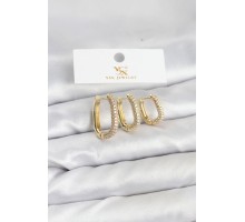Pirinç Gold Renk Zirkon Taşlı Halka Model YSX Trio Küpe Seti - TJ-BKP11570