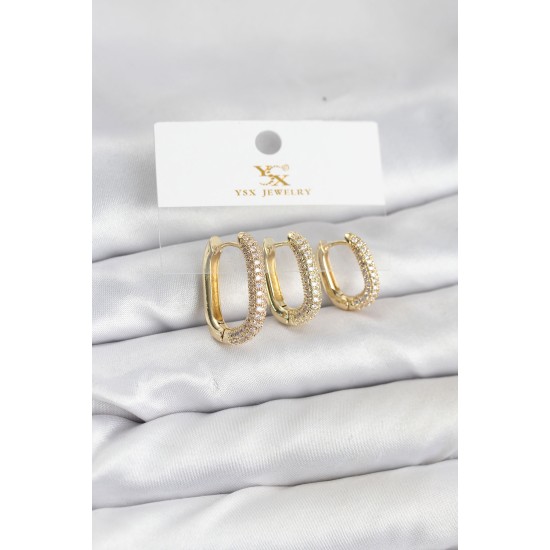 Pirinç Gold Renk Zirkon Taşlı Halka Model YSX Trio Küpe Seti - TJ-BKP11570