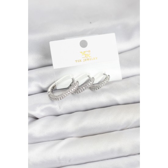 Pirinç Gümüş Renk Zirkon Taşlı Halka Model YSX Trio Küpe Seti - TJ-BKP11571