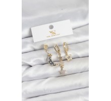 Pirinç Gold Renk Zirkon Taşlı Ay ve Yıldız Model YSX Trio Küpe Seti - TJ-BKP11574