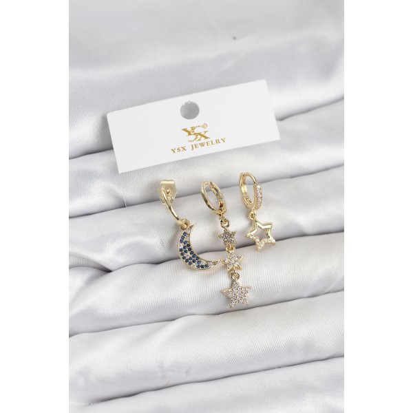 Pirinç Gold Renk Zirkon Taşlı Ay ve Yıldız Model YSX Trio Küpe Seti - TJ-BKP11574