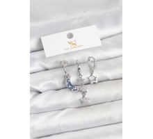 Pirinç Gümüş Renk Zirkon Taşlı Ay ve Yıldız Model YSX Trio Küpe Seti - TJ-BKP11575
