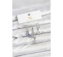 Pirinç Gümüş Renk Zirkon Taşlı Ay ve Yıldız Model YSX Trio Küpe Seti - TJ-BKP11575