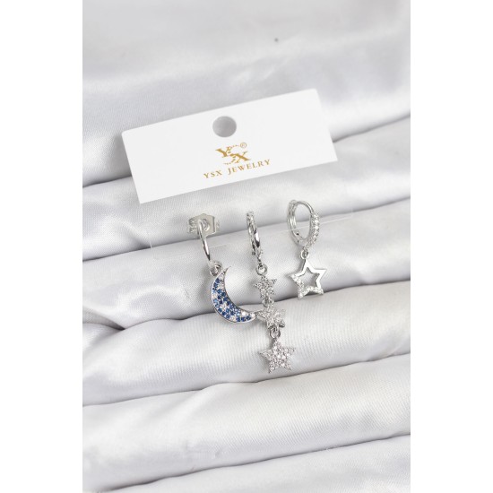 Pirinç Gümüş Renk Zirkon Taşlı Ay ve Yıldız Model YSX Trio Küpe Seti - TJ-BKP11575
