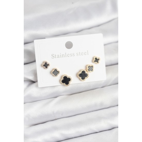 316L Çelik Zirkon Taşlı Yonca Model Kadın Küpe Seti - TJ-BKP11586