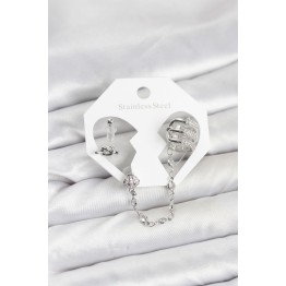 Pirinç Gümüş Renk Sarmal Model Zincir Bağlantılı Ear Cuff Küpe Seti TJ-BKP11537