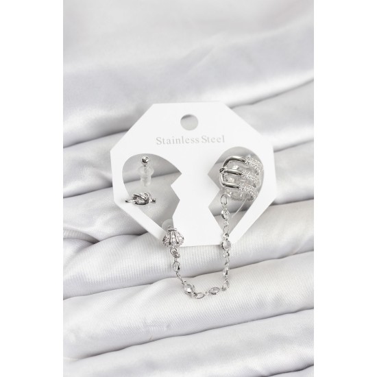 Pirinç Gümüş Renk Sarmal Model Zincir Bağlantılı Ear Cuff Küpe Seti - TJ-BKP11537