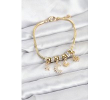 Pirinç Gold Renk Ay Charm Model Charmlı Kadın Bileklik - TJ-BB8175