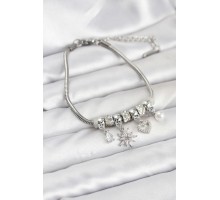 Pirinç Gümüş Renk Kutup Yıldızı ve Kalp Charmlı Kadın Bileklik - TJ-BB8180