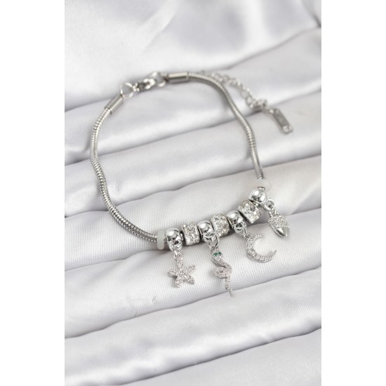 Pirinç Gümüş Renk Yılan Charmlı Kadın Bileklik - TJ-BB8182