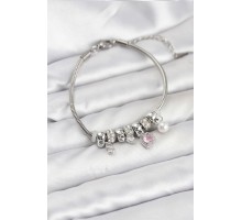Pirinç Gümüş Renk Pembe Kalp Charmlı Kadın Bileklik - TJ-BB8190