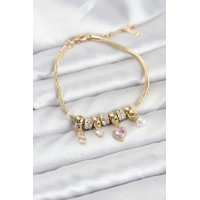 Pirinç Gold Renk Pembe Kalp Charmlı Kadın Bileklik TJ-BB8191