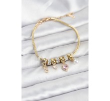 Pirinç Gold Renk Pembe Kalp Charmlı Kadın Bileklik - TJ-BB8191