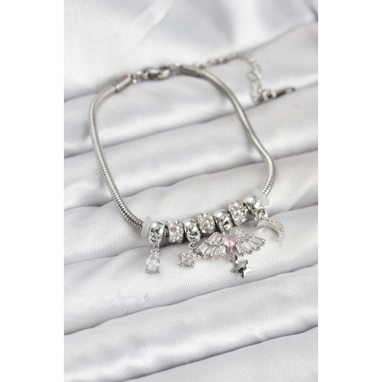 Pirinç Gümüş Renk Kanatlı Charmlı Kadın Bileklik - TJ-BB8198