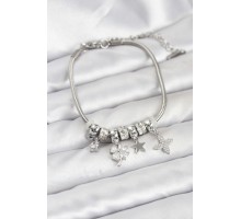 Gümüş Renk Pirinç Yonca Charmlı Kadın Bileklik - TJ-BB8202