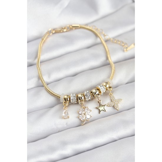 Gold Renk Pirinç Yonca Charmlı Kadın Bileklik - TJ-BB8203