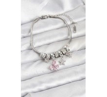Pirinç Gümüş Renk Pembe Kelebek Charmlı Kadın Bileklik - TJ-BB8204