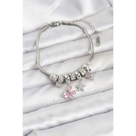 Pirinç Gümüş Renk Pembe Kelebek Charmlı Kadın Bileklik - TJ-BB8204