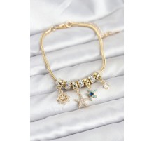 Pirinç Gold Renk Deniz Tema Charmlı Kadın Bileklik - TJ-BB8207
